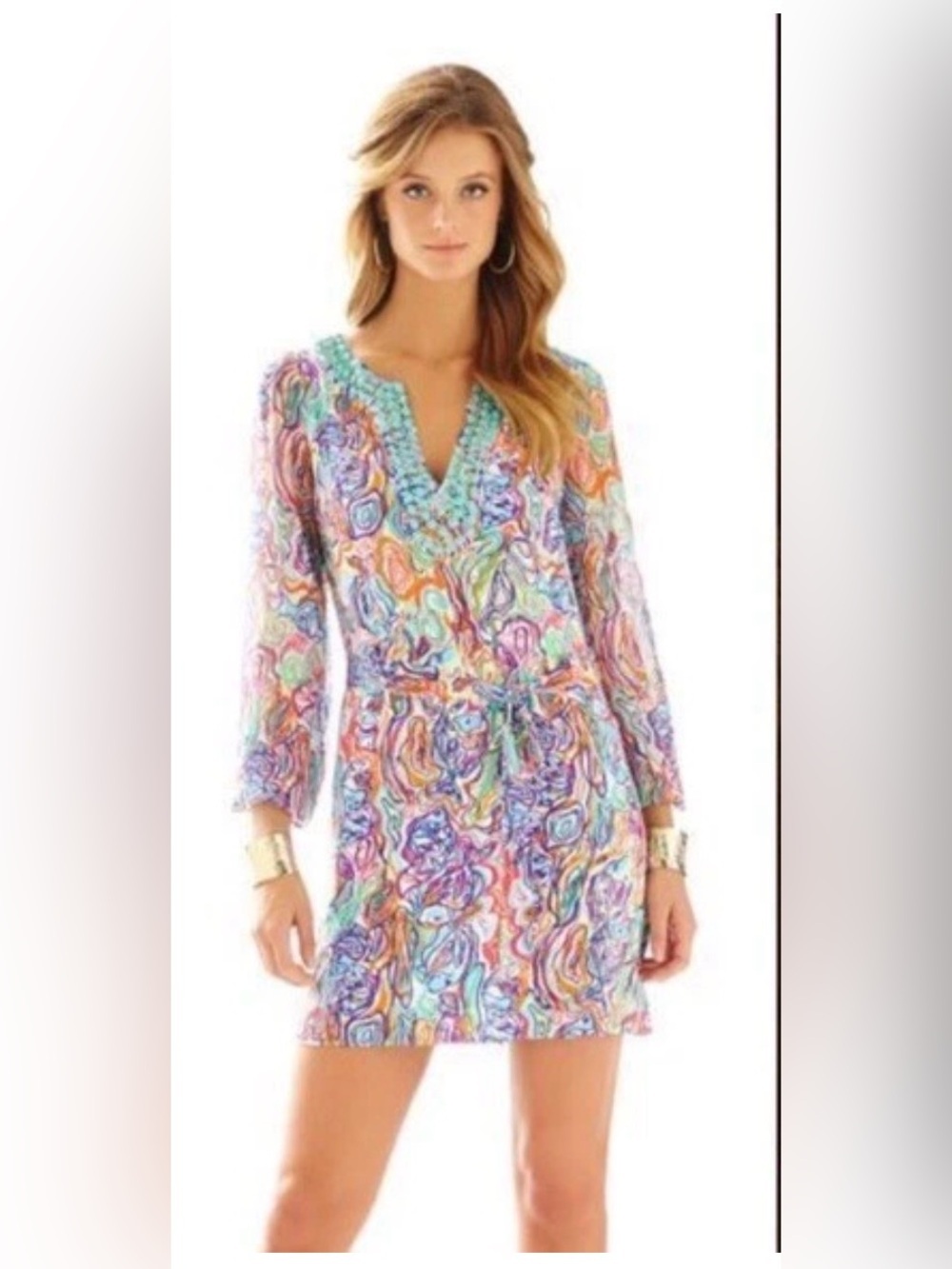 Lilly Pulitzer Seamus What A Catch Silk Swirl Beaded V-Neck Shift Tunic Dress
